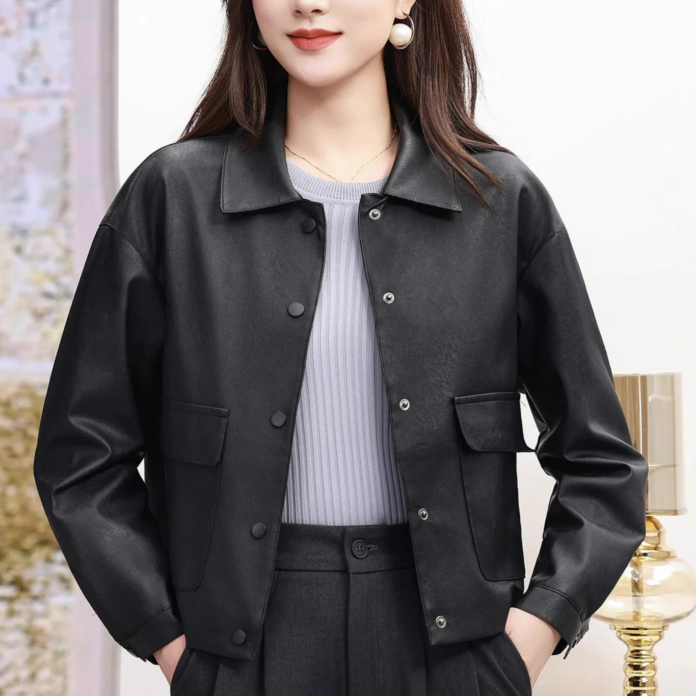 

Women's Turn down Collar Single Breasted Double Pocket Loose Cropped Faux Leather Jacket Slimming Comfort All-match Commute Coat