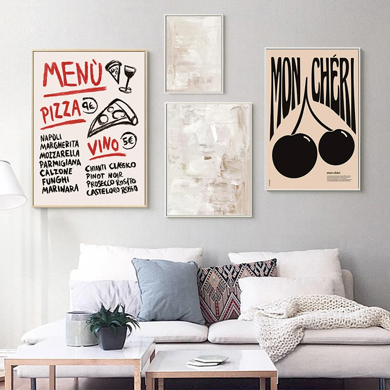

Abstract Painting Artsy Kitchen Gallery Wall Cherry Pizza Vino Menu Print Canvas Art Poster Decorative Pictures for Living Room