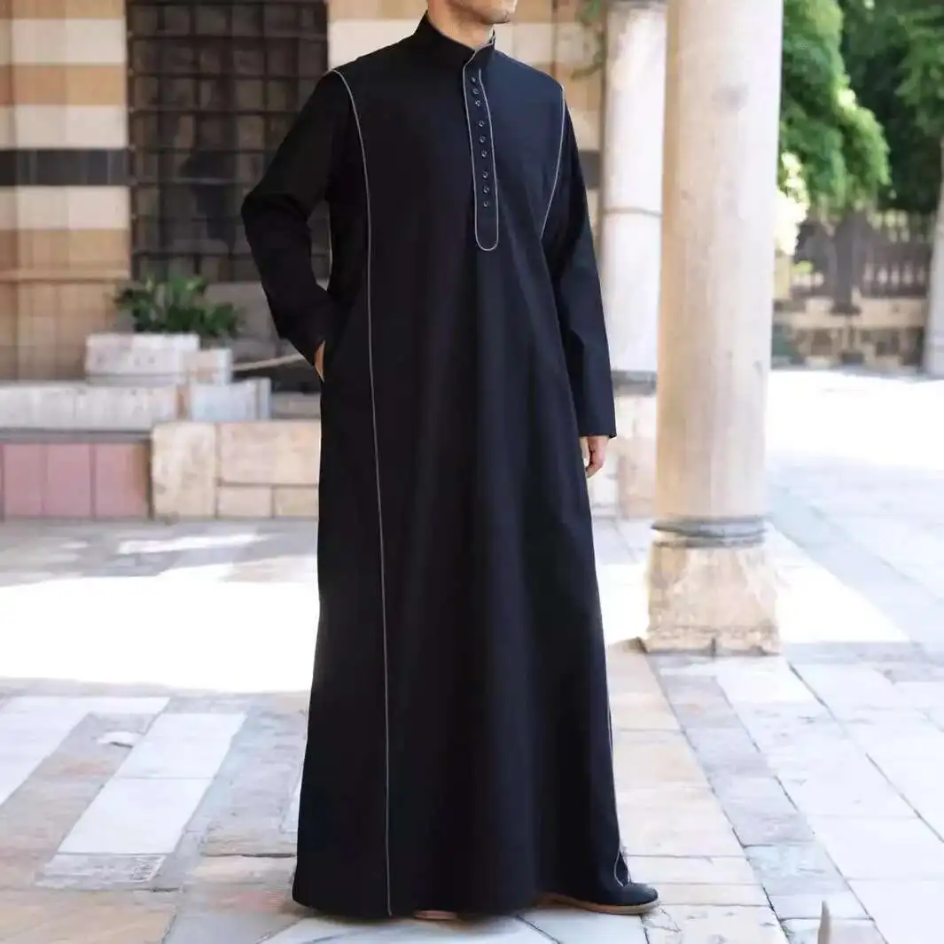 clothing, Muslim men's Islamic new ethnic style, long sleeved patchwork robe, loose formal robe