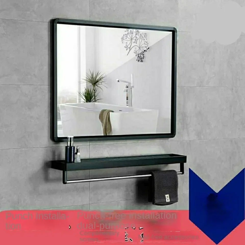 Espejo de baño con estante, sin perforaciones, montado en la pared, autoadhesivo, para maquillaje, hogar