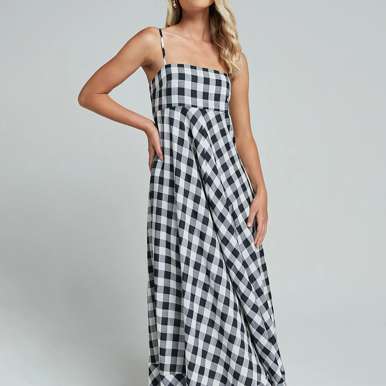 Women Summer Vintage y2k Fairy Plaid Print Maxi Cami Dress Spaghetti Strap Boho Long Dress Backless Flowy Sundress Beachwear