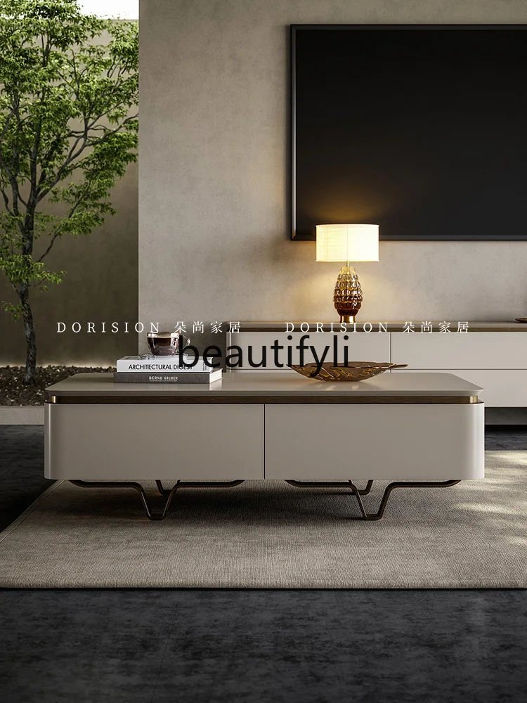 

Modern Light Luxury Style Coffee Table and TV Cabinet Set for Living Room, Solid Wood with Drawers, Simple Design