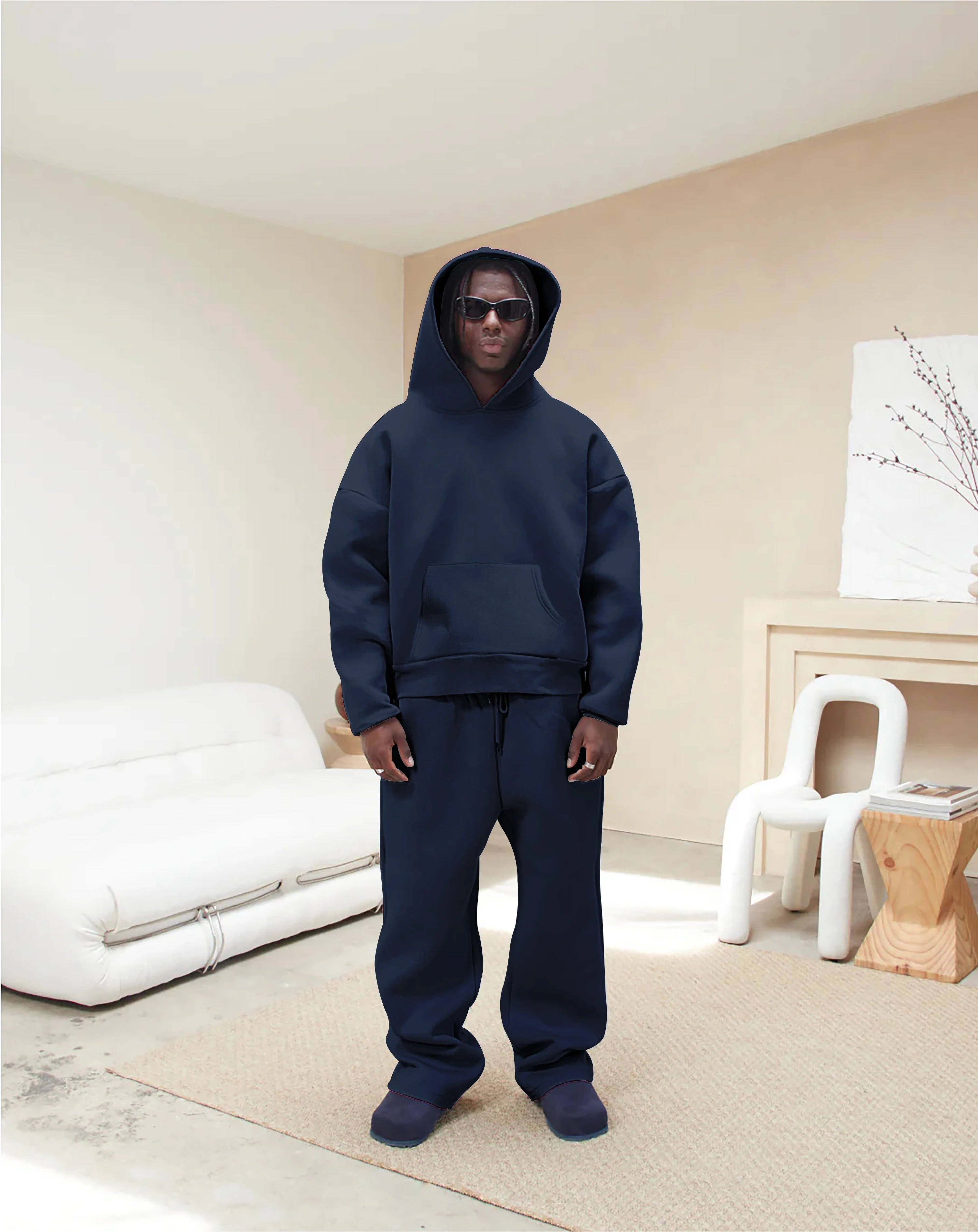 European American New Trend Sports Casual Couple Loose Shoulder Hooded Sweatshirt Wide Leg Pants With Plush American Men's Suit