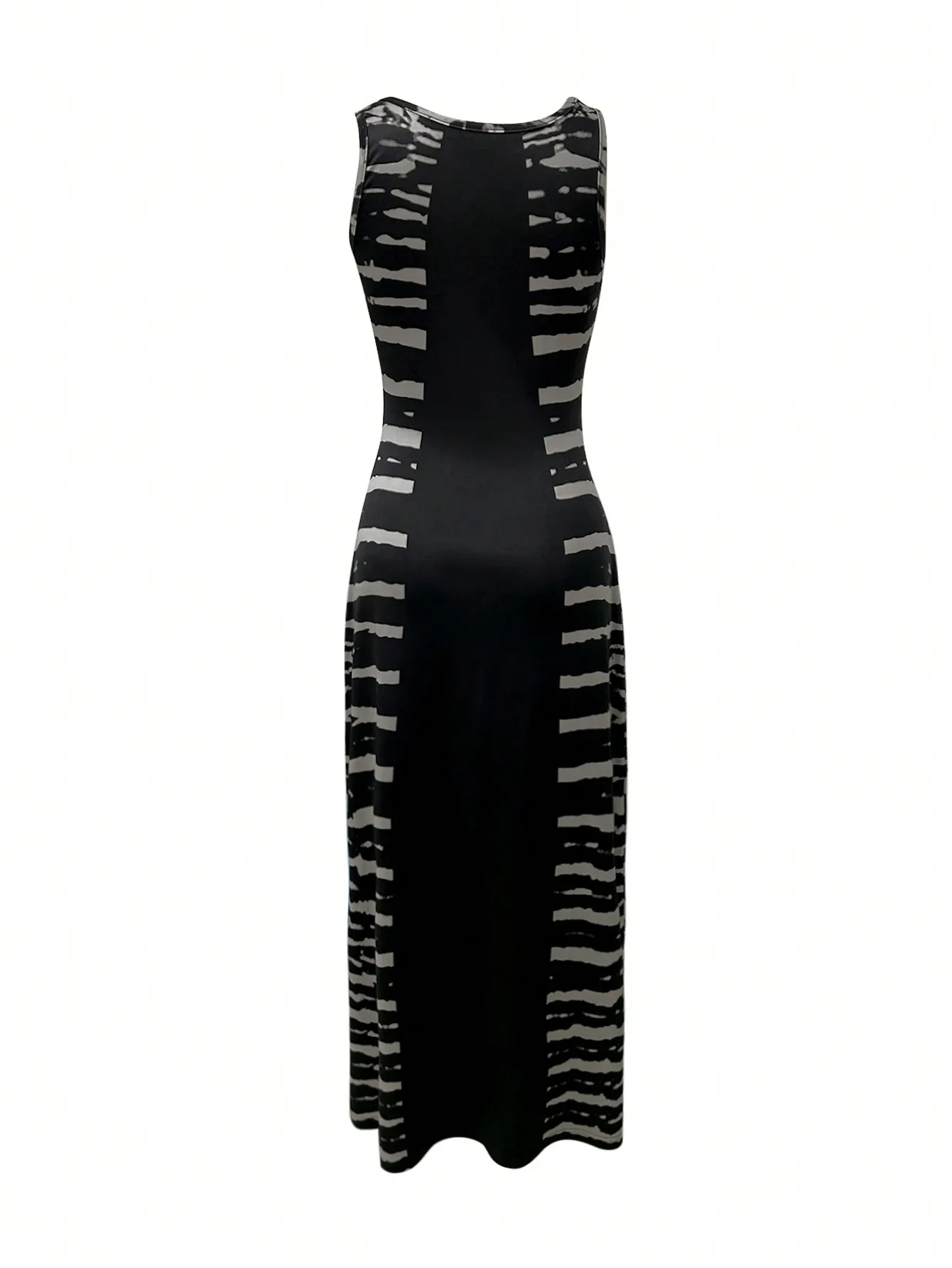 Women's Black & White Abstract Striped Sleeveless Maxi Dress - Slim Fit Bodycon Tank Dress for Casual, Office, & Date Night view 2