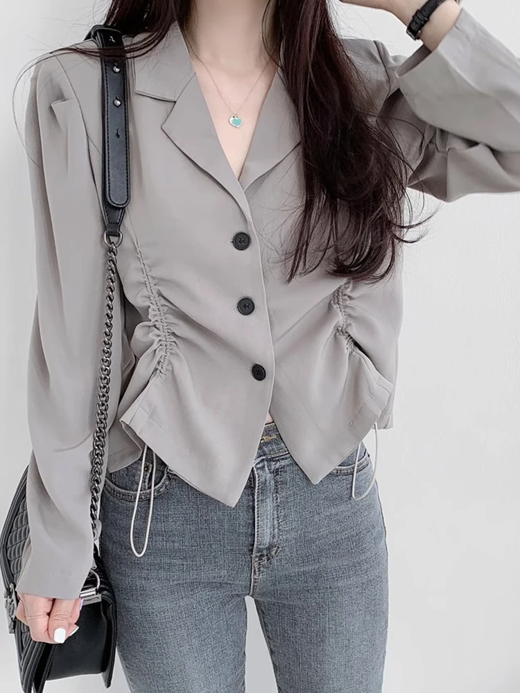 

Casual Chic Women's Suit Jacket Spring Anti-Aging Drawstring Waist Long Sleeve Versatile Small Size Waist Inward Drawstring Top