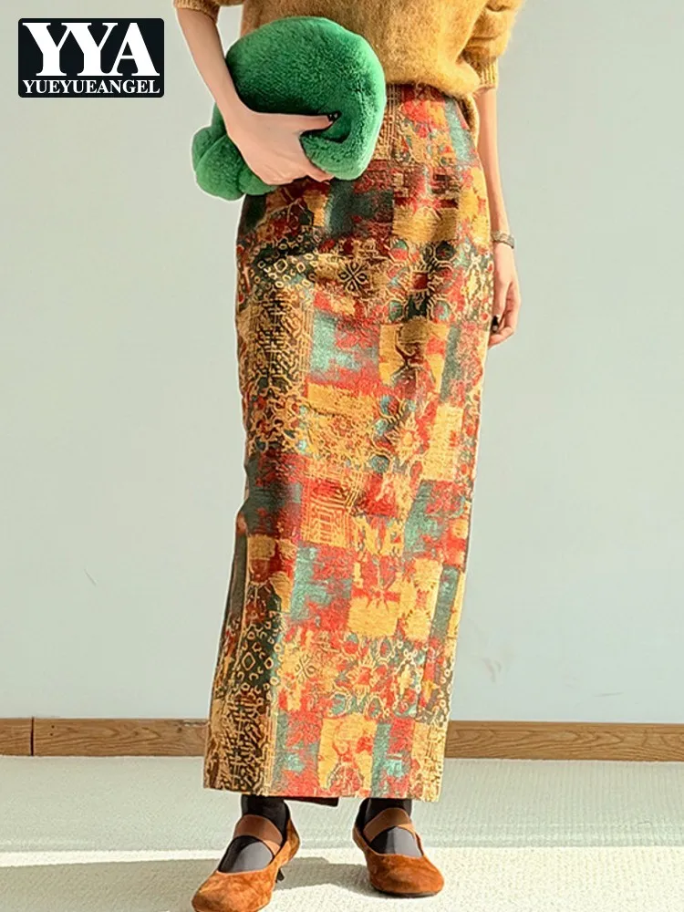 

Women New Fashion High Waist Straight Medium Length Skirts Daily Vintage Jacquard Casual Elegant Ankle Length Skirt Hot Sale