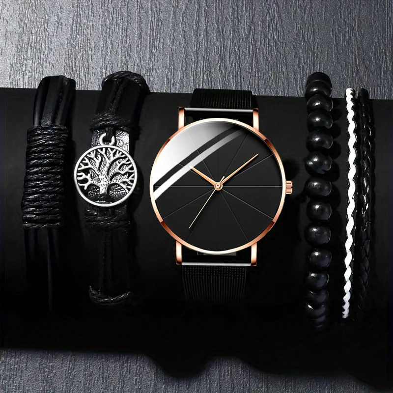 5-piece men's popular watch and bracelet jewelry set, quartz watch combination, latest model, the choice of fashion enthusiasts