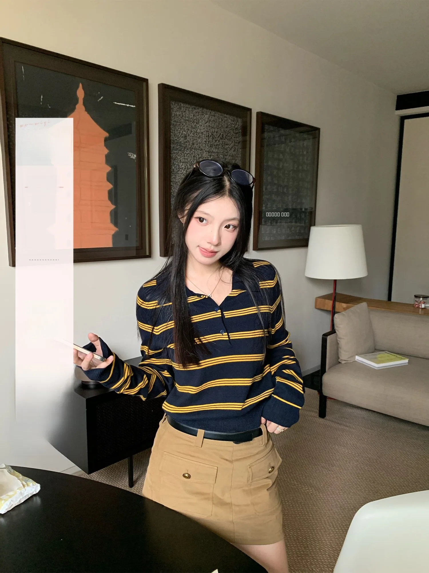 

Yellow Striped Knitted Sweater ort Waist-Cinching Long Sve Ne Top for Women Commute Sle Autumn Season Pure Color