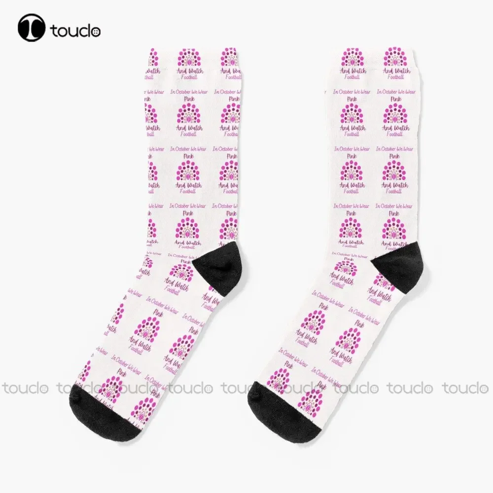 

In October We Wear Pink And Watch Football Socks Mens White Socks 360° Digital Print Custom Gift Street Skateboard Socks Casual
