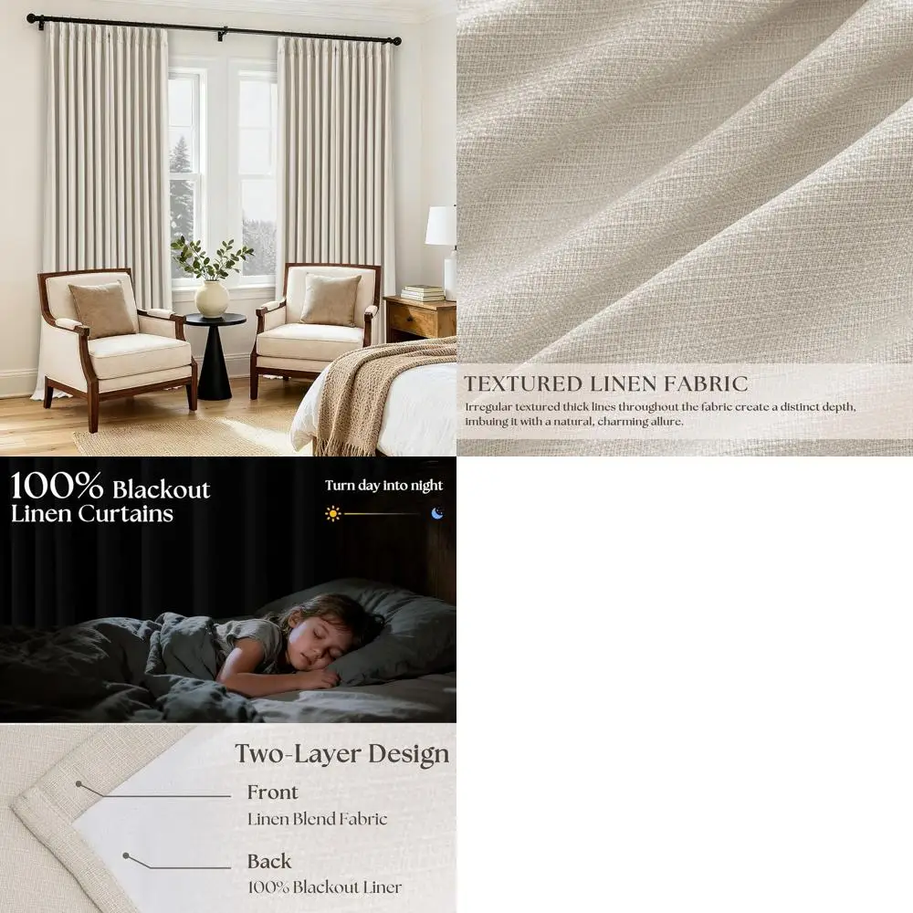 

Thick Linen Textured 100% Blackout Curtains, 2-Panel Set, Pinch Pleated, Memory Trained, Room Darkening, Natural Cream & Ivory T