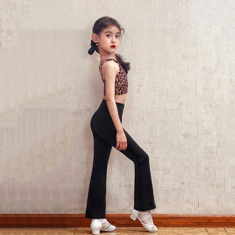 

Line Dance Clothing Girls Tango Samba Dance Set Children Stage Performance Training Clothes Kid Leopard Tops Black Pants