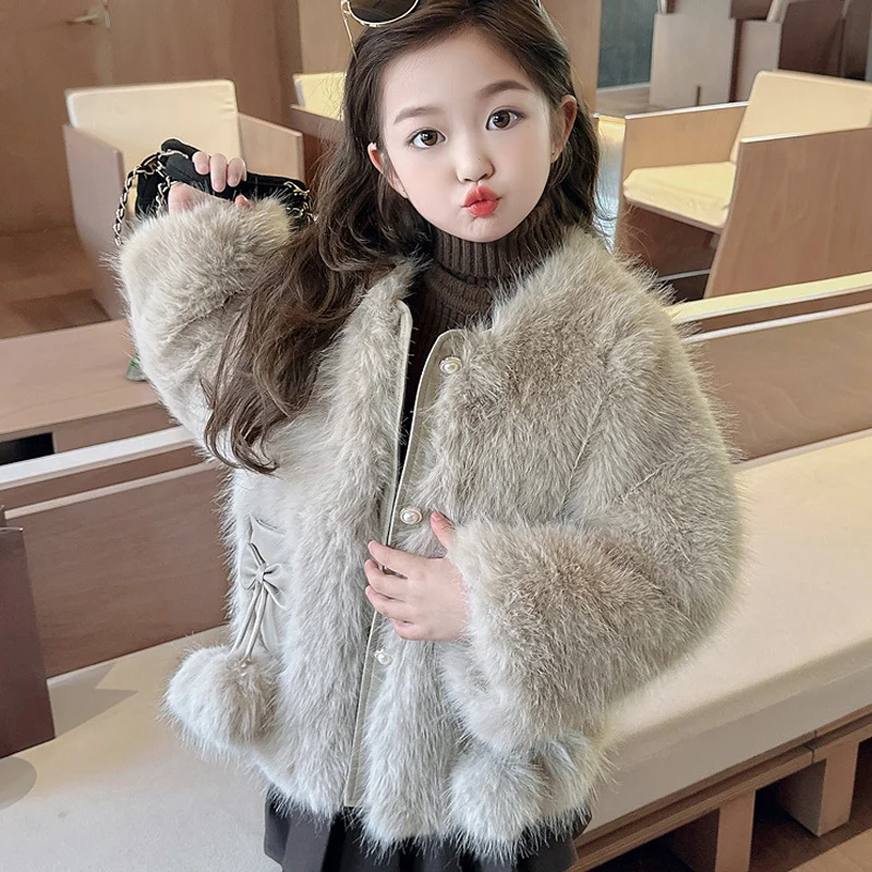 

Children's Cotton Coat for Winter Baby's Thick Stylish Trend Girls' Faux Fur Autumn Kawaii Casual Tops Girls' Wool Sweater Suit