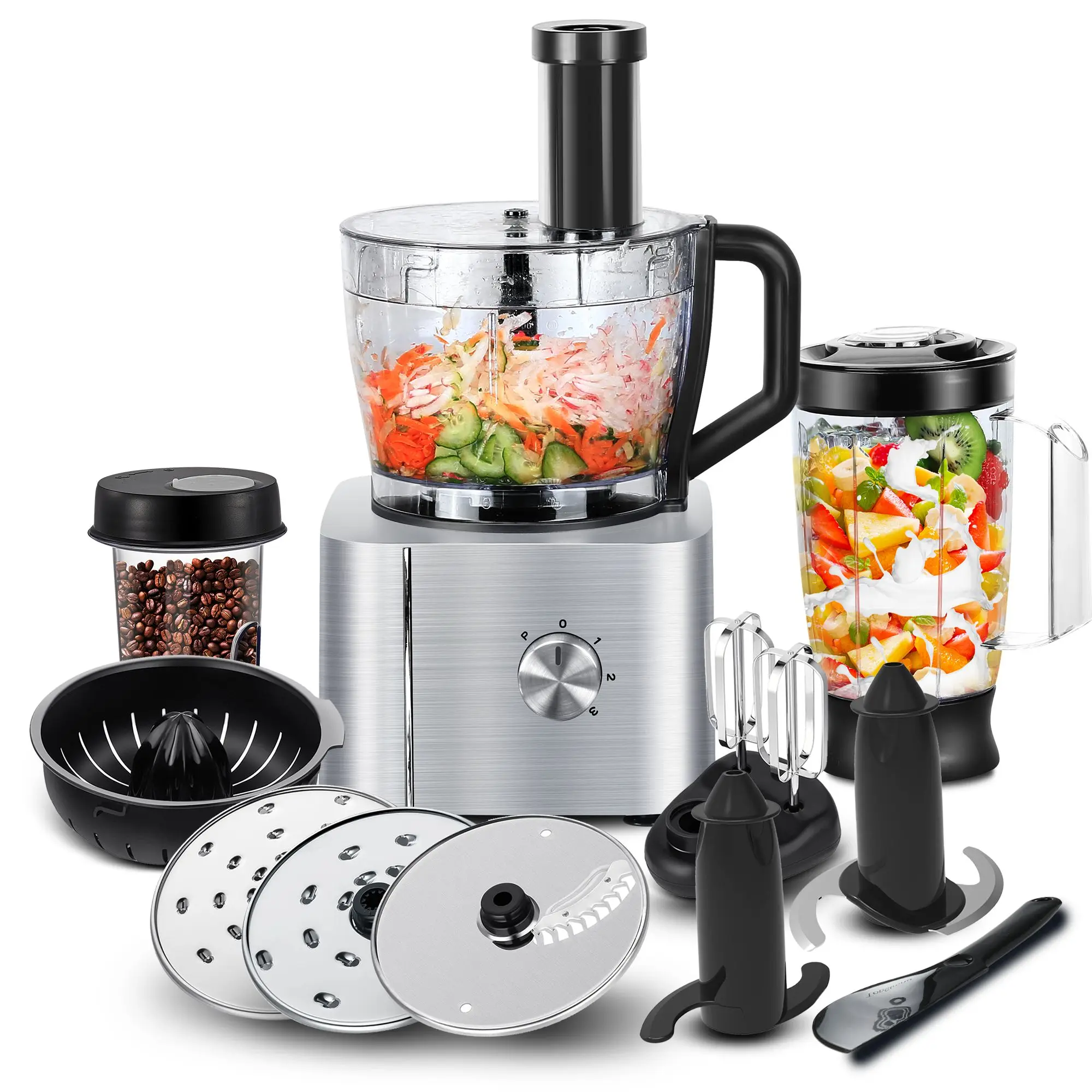1100 W Pro Kitchen System 11-in-1-Multifunktions-Küchenmaschine mit 3,2 l Schüssel + 1,5 l Bechermühle/Mixer/Zerkleinerer, kompakt, Silber