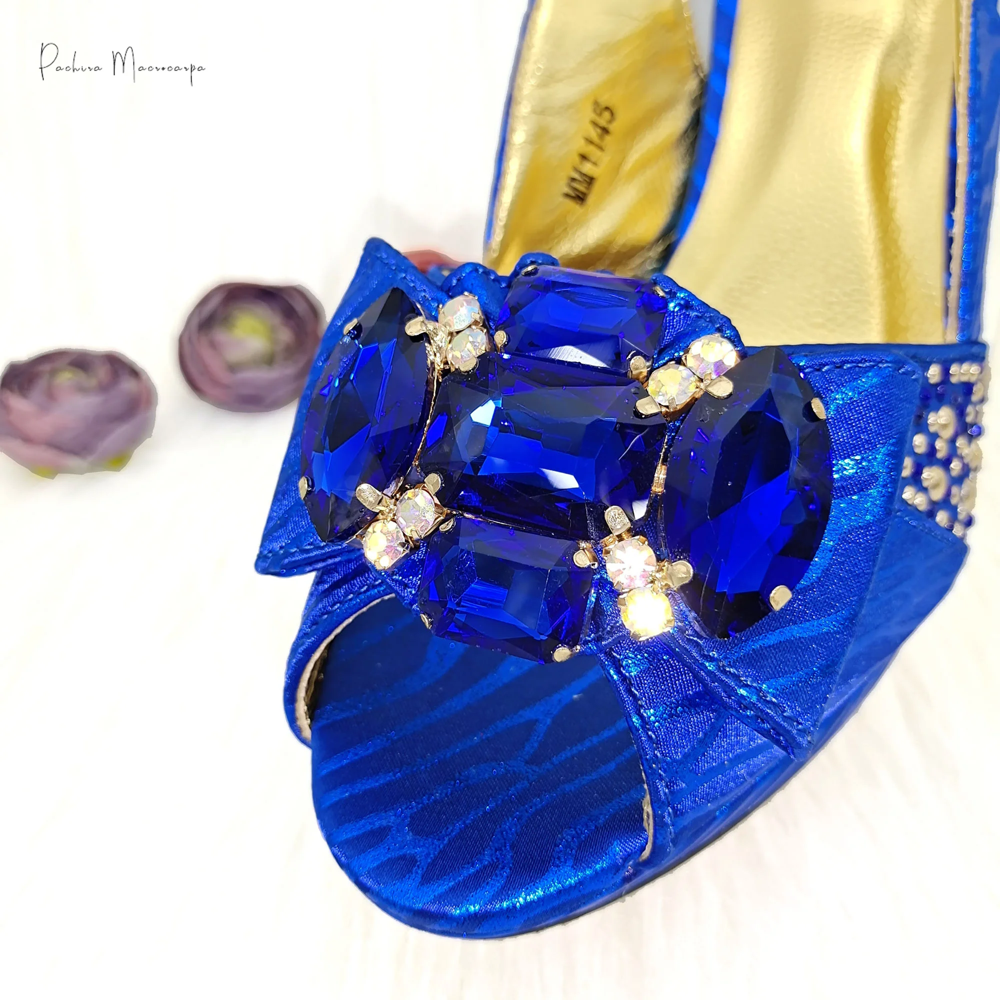 2024 New Arrival Italian Design Platform Style Rhinestone Royal Blue Color Lady Peep Toe Shoes and Bag Set for Party Wedding