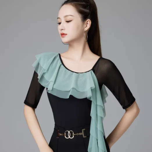 بدلة رقص حديثة قطعة واحدة مع أكمام دانتيل متدلية على الكتف، قميص تدريب للرقص اللاتيني، أزياء نسائية لربيع 2025 #2