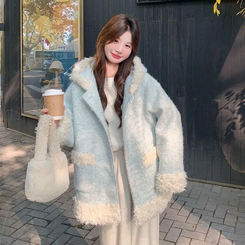 

Women's Winter Coat Blue Hooded Wool Coat Women Short Winter Jacket New College Style Cotton Padded Thick Fleece Wool Coat