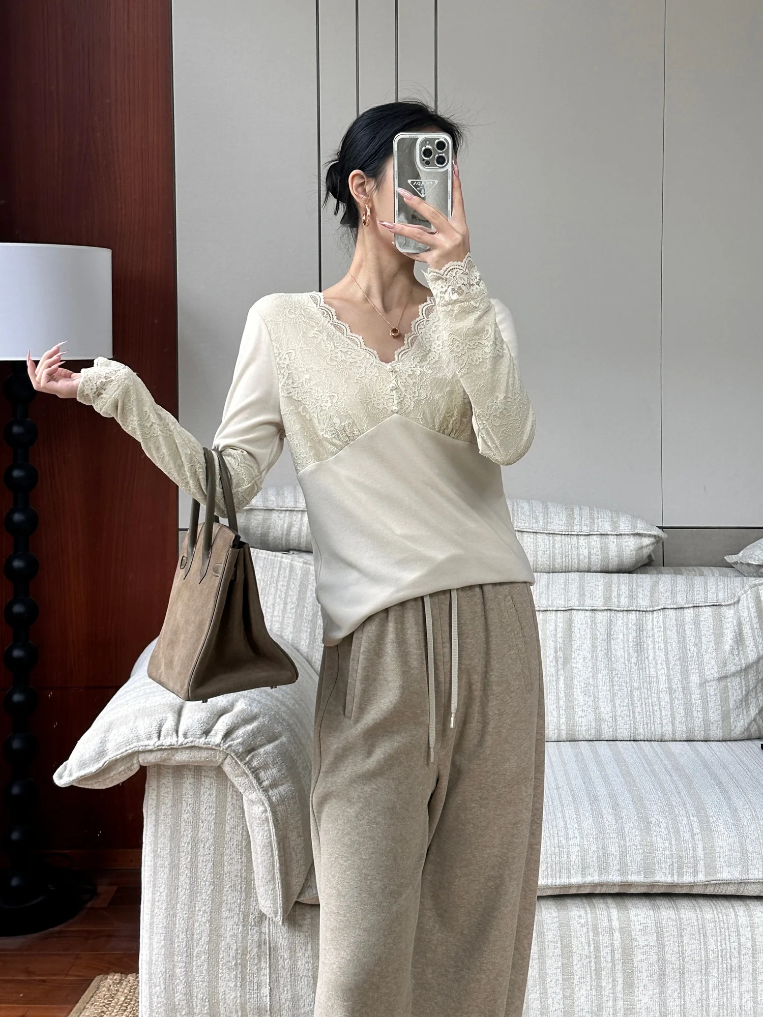 

Faionable Casual Lace T-irt Women's All-Match Slimming Top Breathable Long Sve V-Ne High Waist Outdoor Wear