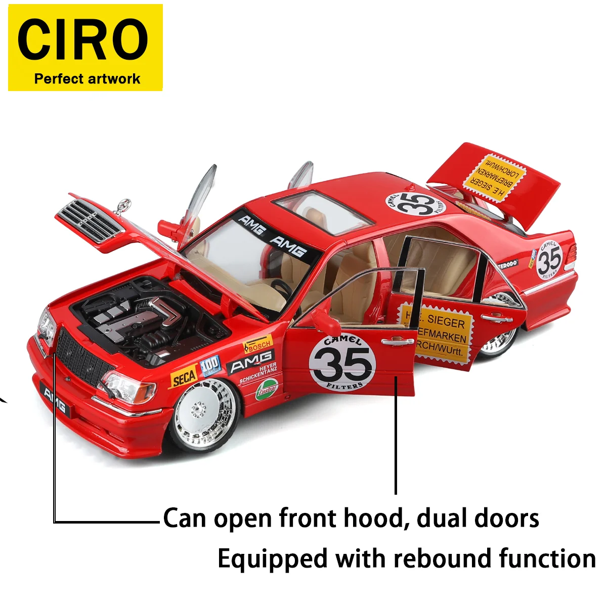 1:24 rood legering racewagenmodel, multi-print stickers, met geluid en licht, 4-wielige schokabsorptie, 6 deuren, pull back glide, jongensspeelgoed/ornament/festivalcadeau