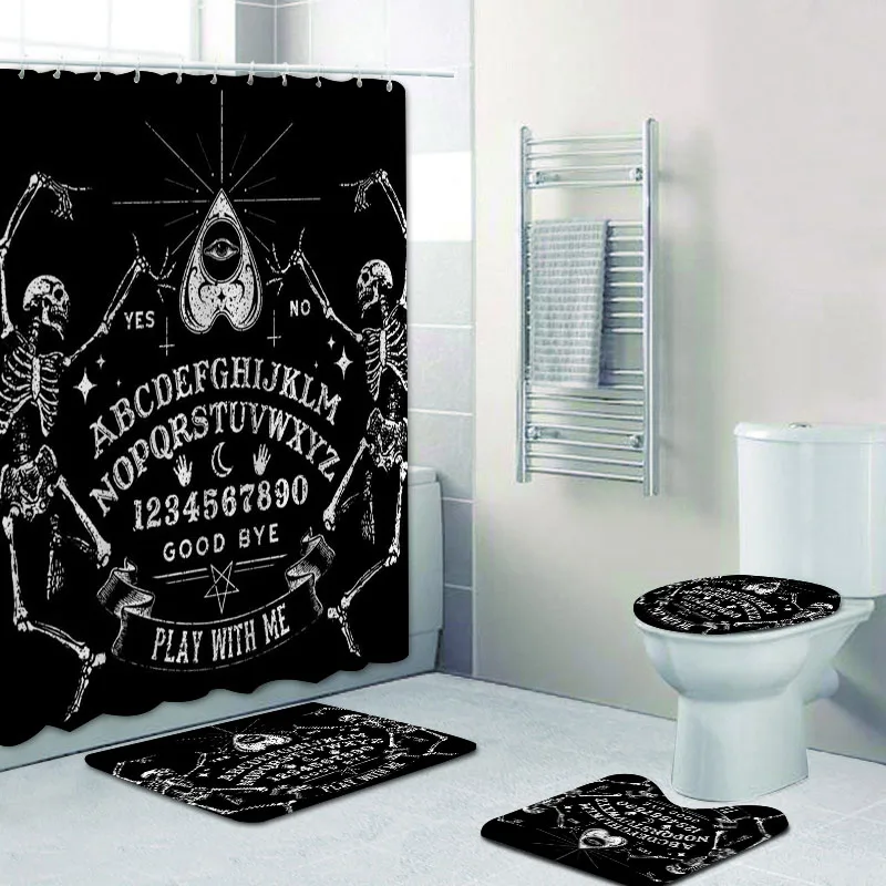 Funny Dancing Skeleton Magic Ouija Board Bathroom Shower Curtain Set Black Skull Bath Mats Rugs Witchy Halloween Home Decor