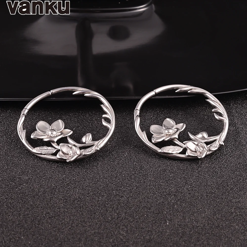 Vanku 2pcs moda allungata in acciaio inox fiori rotondi cerchi pesi per le orecchie per acciaio orecchio espansore Body Piercing Tunnel orecchio gioielli