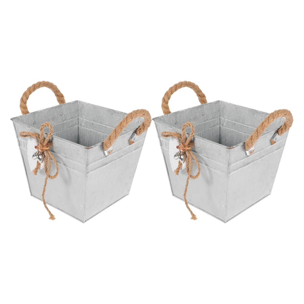 2pcs Retro Iron Flower Pot Bucket Rope Design for Plant Decor Desktop Storage Vintage Floral Container Elegant Style