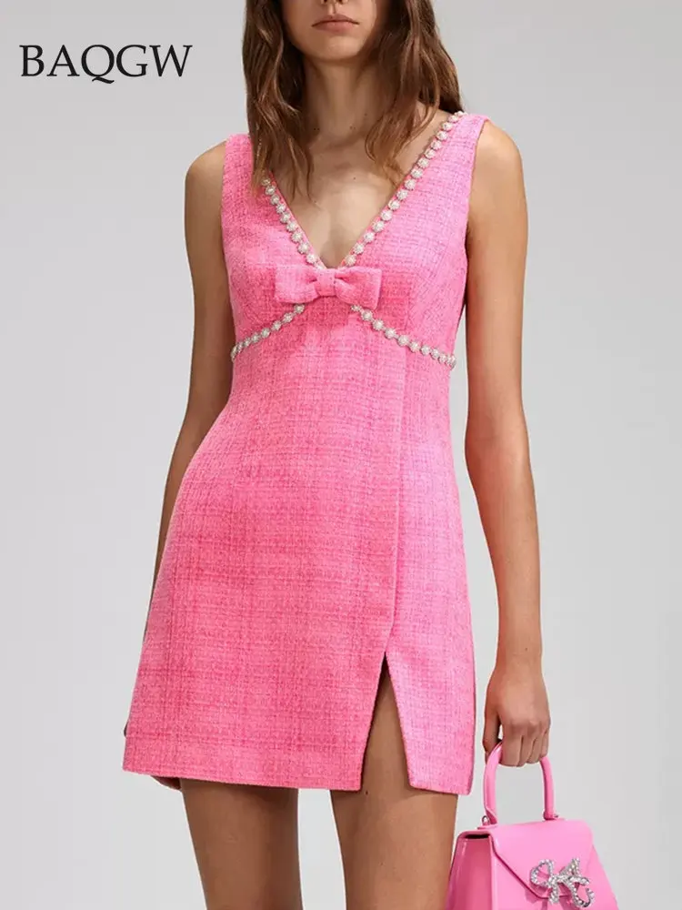 

Women's Sleeveless Pink Tweed Mini Dress Spring and Summer Sweet Bow Pearls Patchwork Sexy Deep V Neck Split Party Slim Dresses