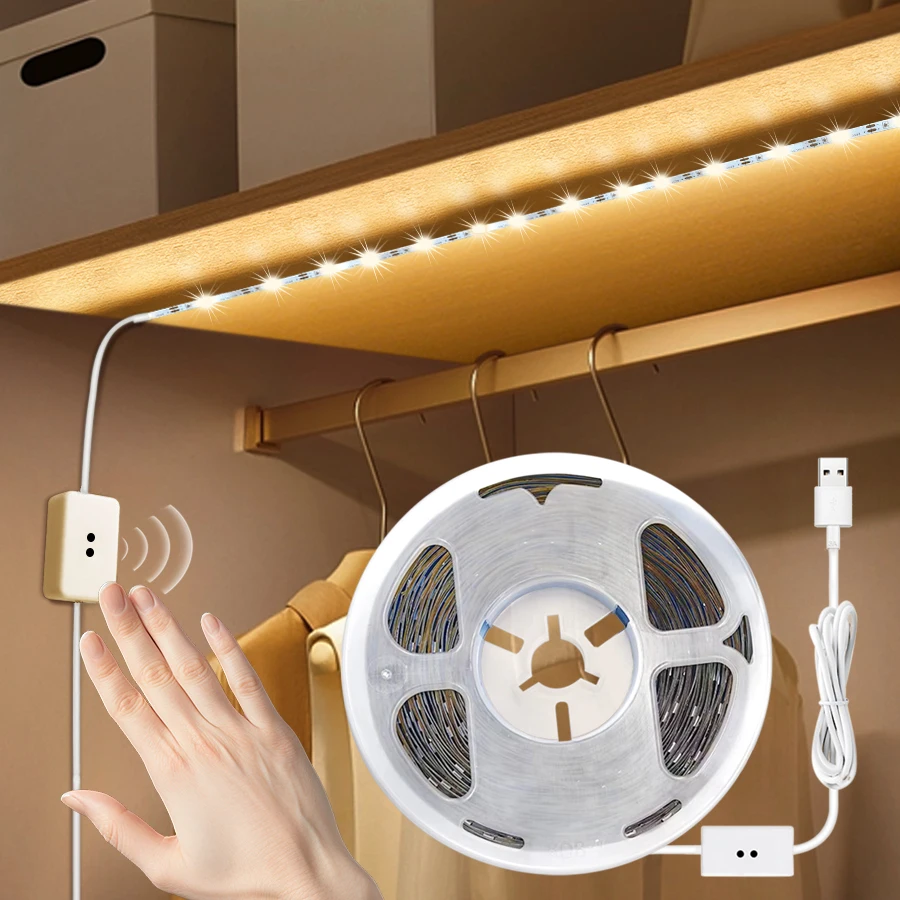LED 캐비닛 아래 조명, USB LED 스트립, 손 스윕 모션 센서 스위치, 주방 계단 옷장 침대 옆 백라이트, 1m-10m, 5V 
