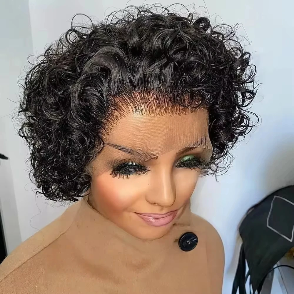 water Pixie Cut Short Curly Human Hair Wigs Cheap 13x1 T Part Transparent Lace Wigs For Black Women Natural Hair Pre Plucked