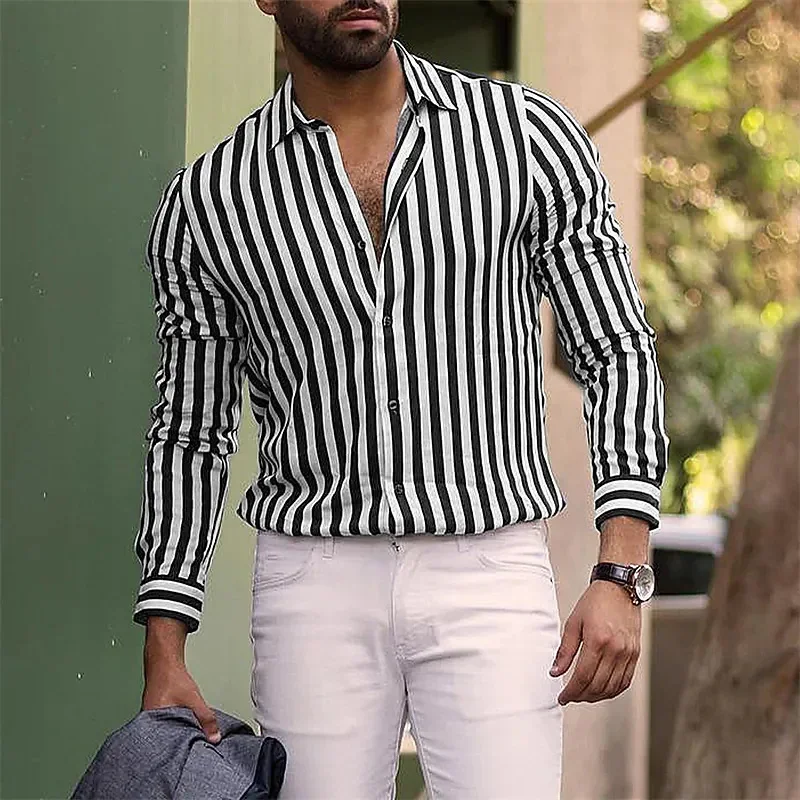 2024 men\'s shirt button up shirt casual shirt black red brown long sleeved striped street daily clothing fashionable casual and