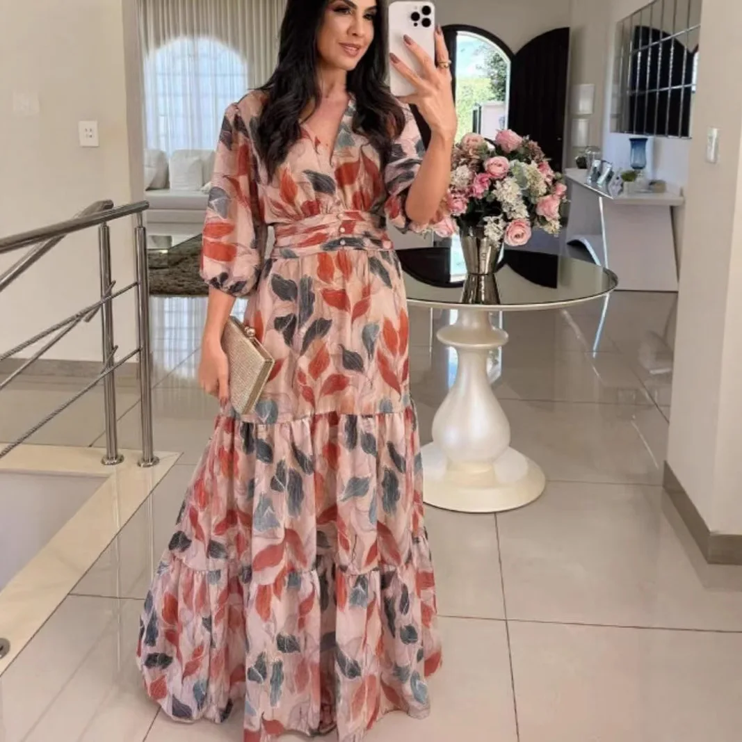 

Ladies' Prints New Summer V-neck Stylish and Elegant Long Printed Dress for Women Concatenate Pleats Lantern Sleeves Dresses