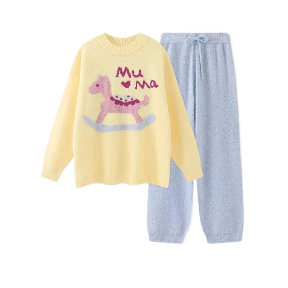 

Casual Horse Fleece Pajamas Set Long Sleeve Duck Rabbit Cartoon Pajamas Suit Home Wear Kawaii Thicken Warm Sleepwear Home