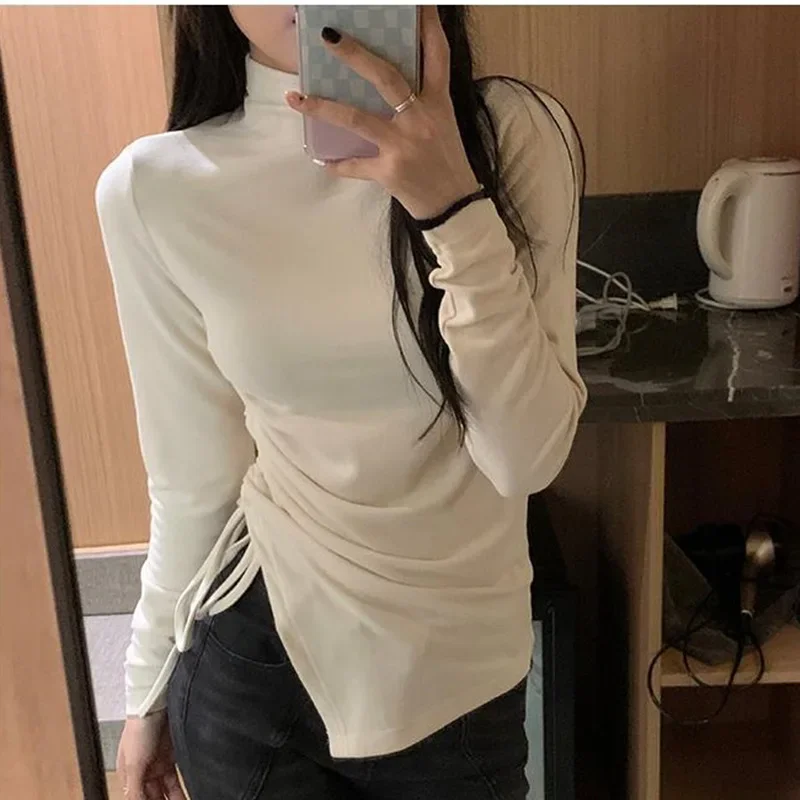 Women's Polo/turtle Neck Warm Fleece T-shirt Inner Outer Matching Autumn/winter Slimming Smoothing Silhouette Side Slit Design