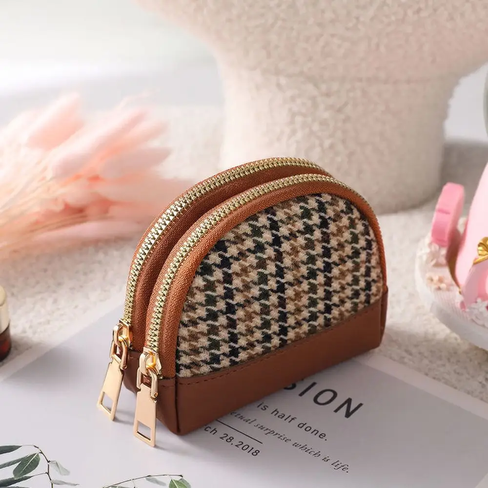 Fashion Handy Fabric with Key Chain Houndstooth Double Layers Zipper Leather Bag Women Coin Purse Wallet Card Holders