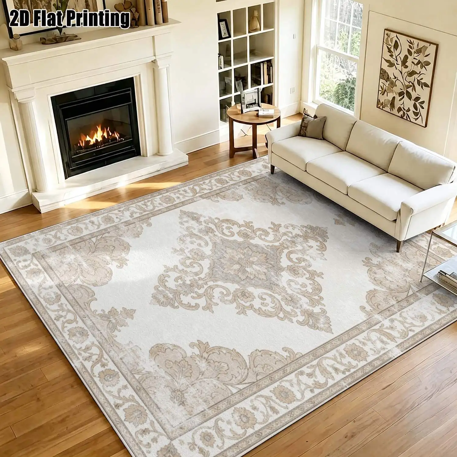 1Pc 2D Printed Carpet: Beige Retro Floral, European Style, Modern Minimalist, Geometric Pattern Home Decor, Multi-Size, Machine Washable, for Entryway, Dining Room, Foyer, Bedroom, Living Room.