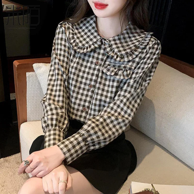 

Sweet Peter Pan Collar Button Spliced Pockets Lattice Shirt Female Clothing 2022 Autumn New Loose Casual Tops Office Lady Blouse