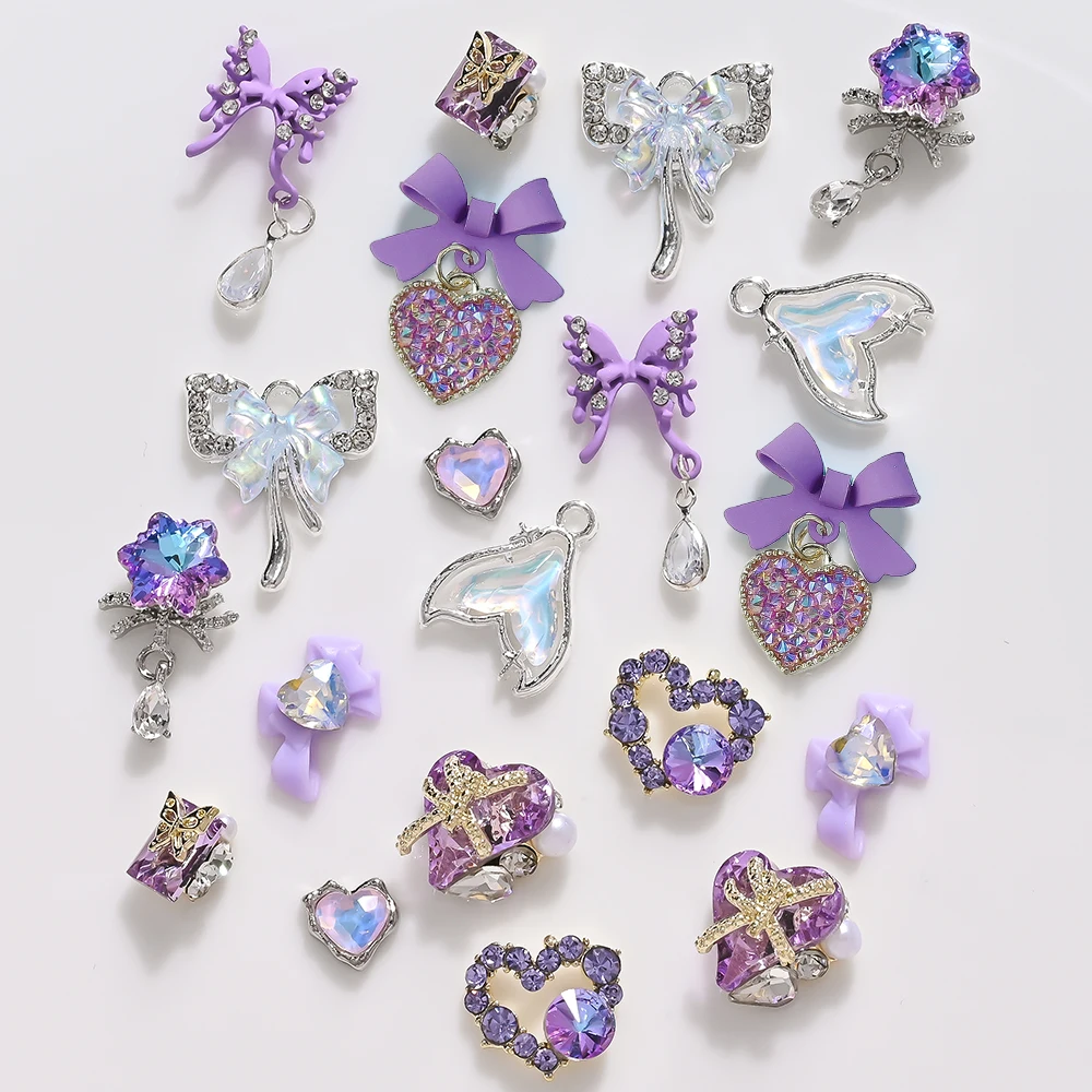 20/22Pcs 3D Butterfly Bow with Pendant Nail Charms Purple Dangle Heart Nail Art Decor Fishtail Nail Gems Luxury Manicure Jewelry