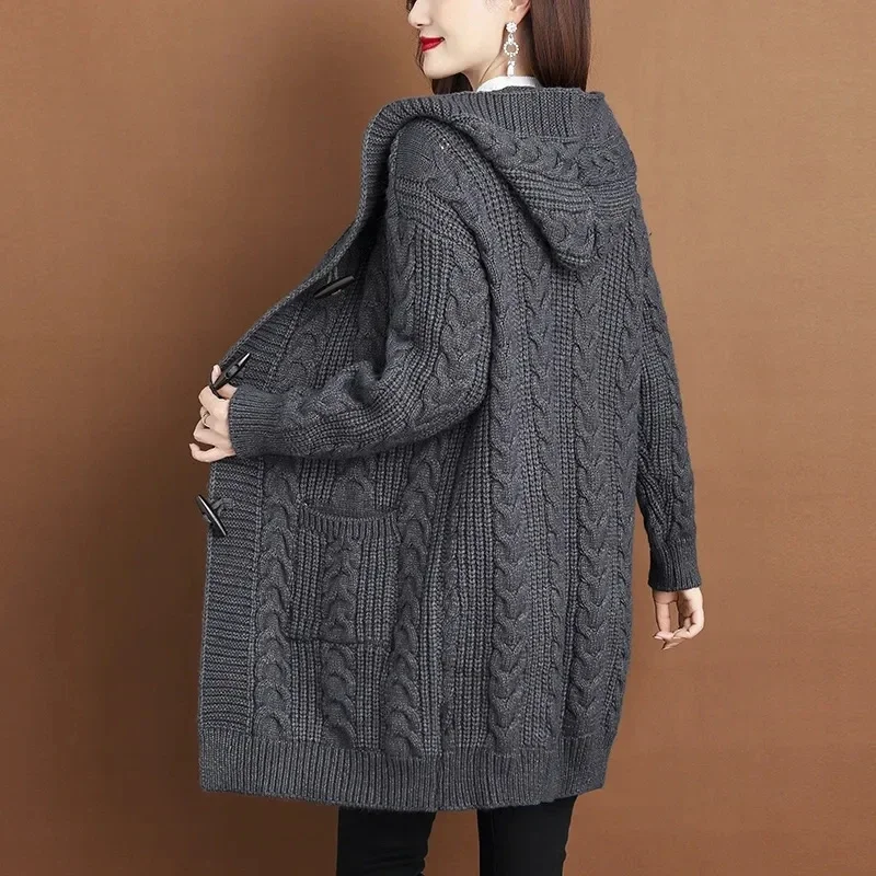 5XL Large Size New Autumn Winter Thicken Sweaters Fashion Hooded Knitted Outerwear Women\'s Cardigan Sweater Knitting Jacket V934