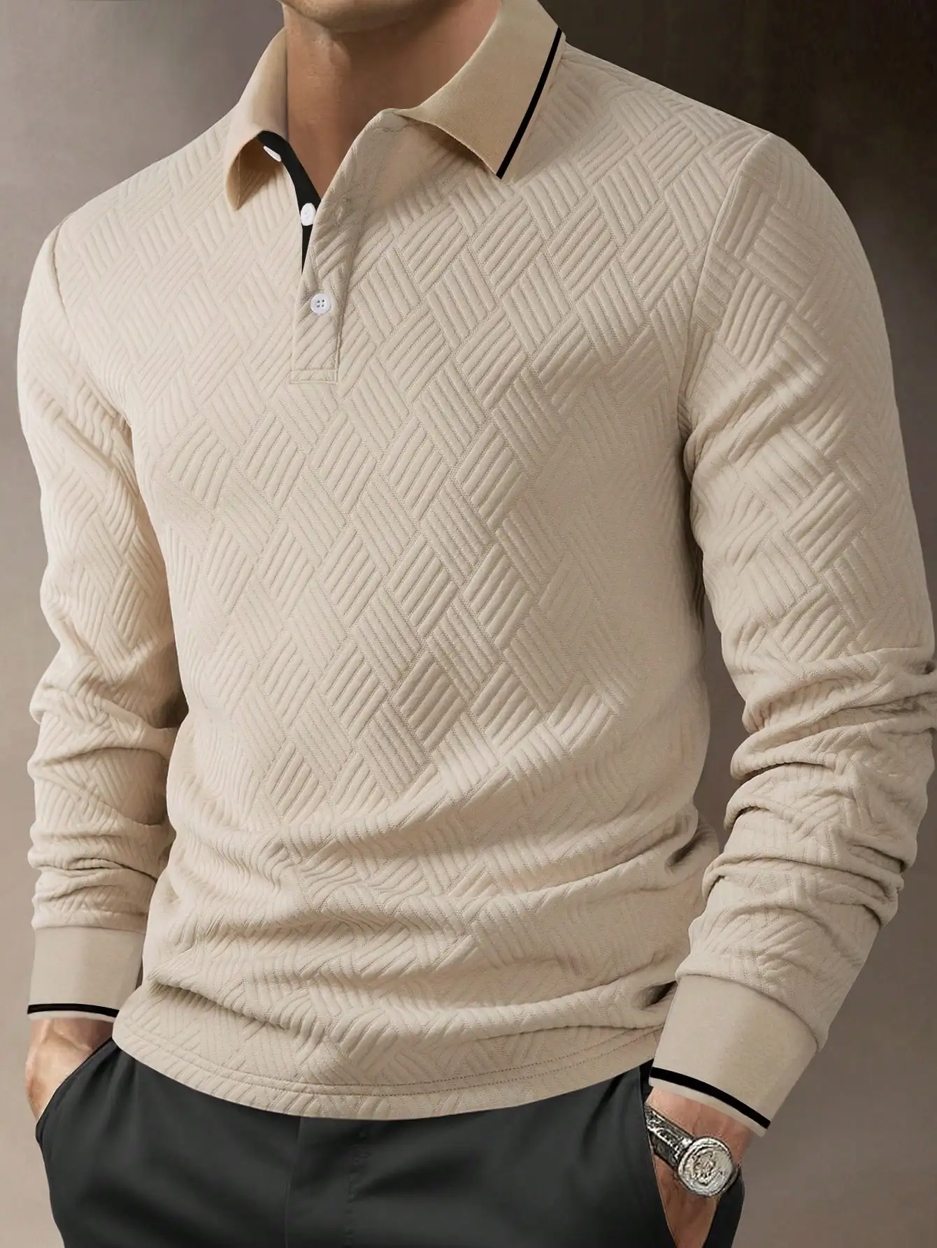 

Men's Beige Long Sleeve Textured Knit Polo Shirt with Contrast Trim