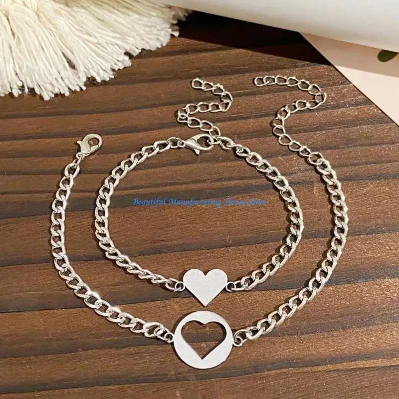 E56A 2Pcs/set Stainless Steel Simple Hollow Love Sun Moon Chain Bracelets Temperament Chain Ladies Couple Card Bracelet