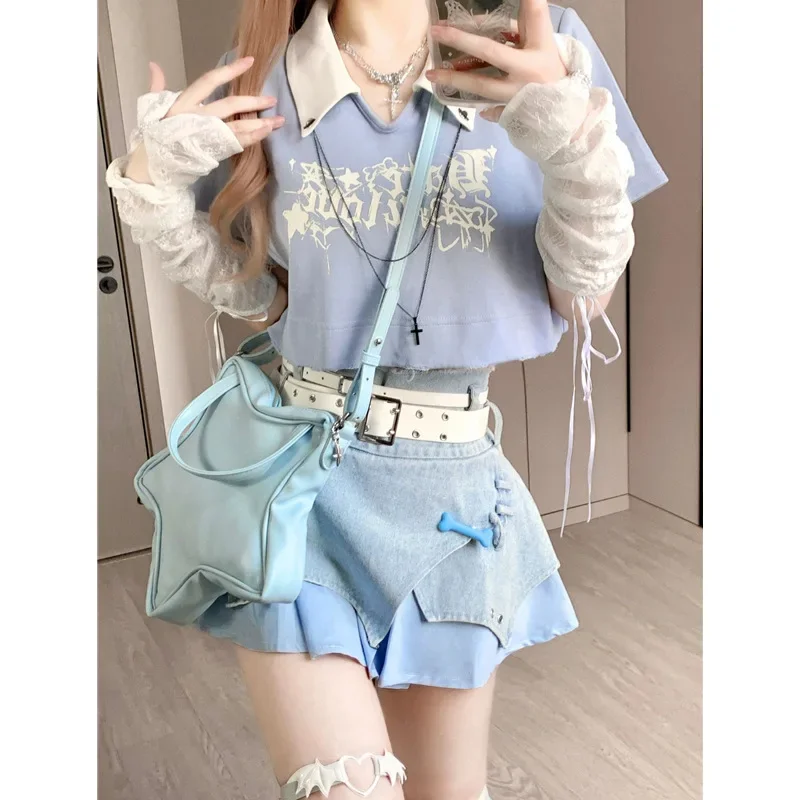 2024 New Japanese Street SubCulture Hot Girl Sets Short Sleeve T-shirts Denim Stitching Irregular Cake Skirts 3 Piece Sets Women