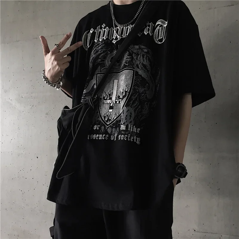 T Shirt for Men Dark Print T-shirts Men\'s clothing Gothic Fashion Casual Oversized Harajuku Hip Hop Short Sleeve Tees Baggy Tops