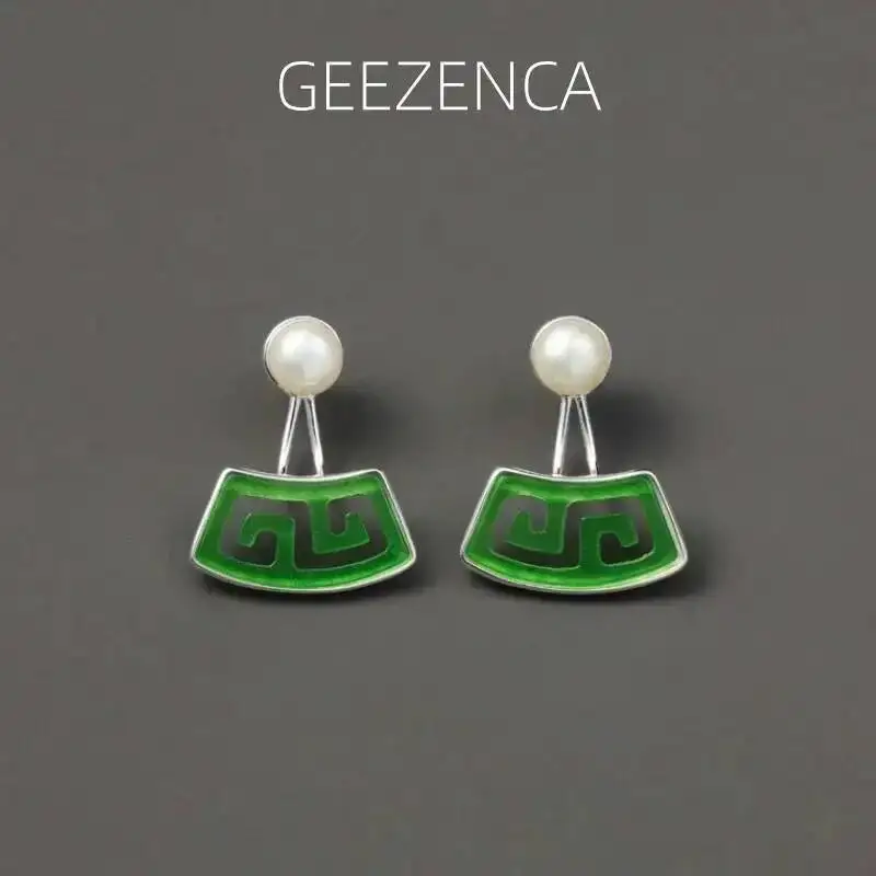 GEEZENCA 925 Sterling Silver Jade Pearl Hollow Small Earrings For Women Classic Chinese Pattern Geometric Chic Earring Gift