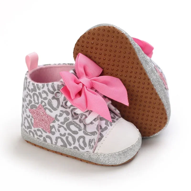 0-12M Neugeborene Baby Mädchen Jungen Schuhe Leopard Stern Gedruckt Bowknot Walking Weiche Sohlen Erste Walker Schuhe