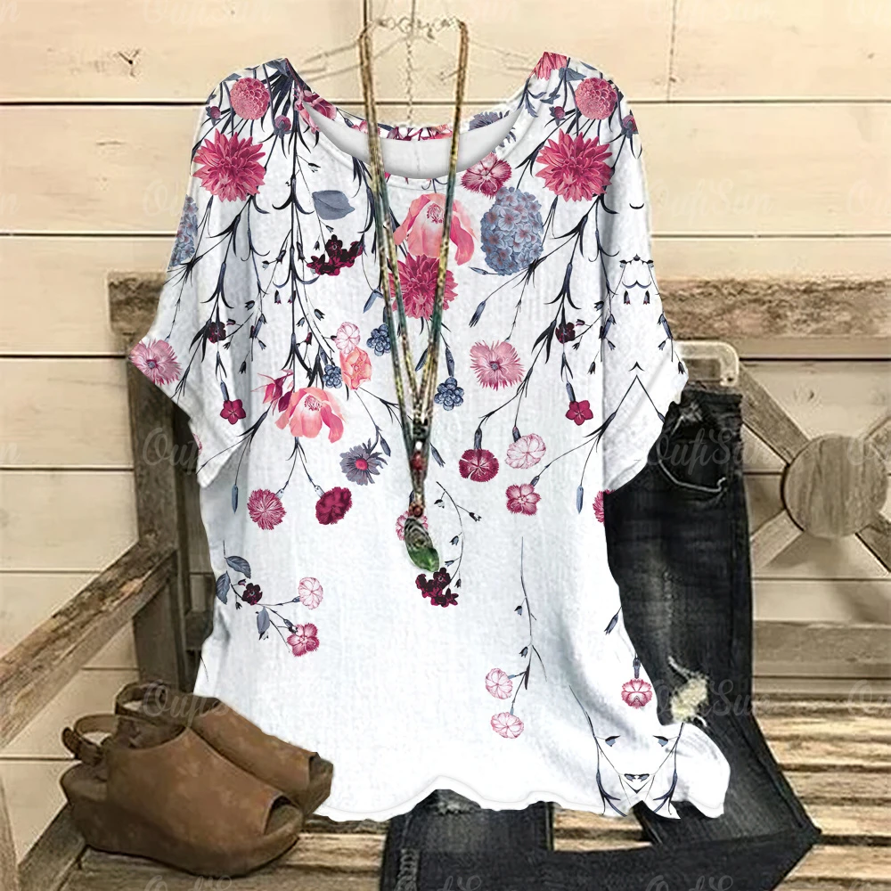 Camiseta con estampado de flores para mujer, camiseta de manga corta con cuello redondo, Top de gran tamaño, ropa Harajuku para mujer