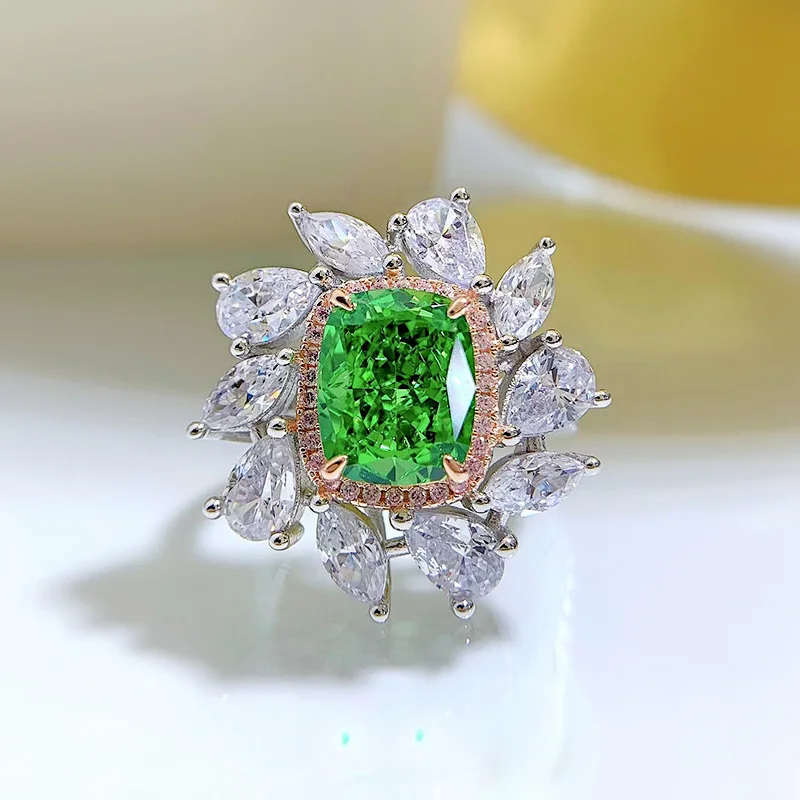 

2022 new 925 silver mint green ring 8*10 Radiant ice flower cut Hao inlaid luxury personality factory direct sales