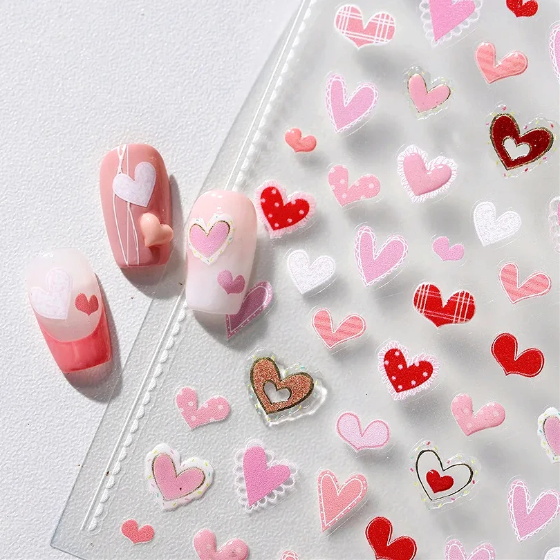 Halo Dyeing Red Pink Love Heart 3D Self Adhesive Nail Art Decorations Sticker Hot Stamping Chic Shiny Rhinestone Manicure Decals