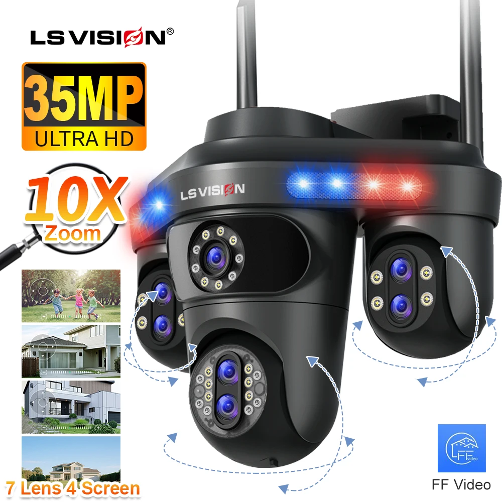 

LS VISION 35MP Four Screens WiFi IP Camera 10X Zoom Outdoor Seven Lens Three PTZ Cameras Remote Rotation Auto Tracking CCTV Cam