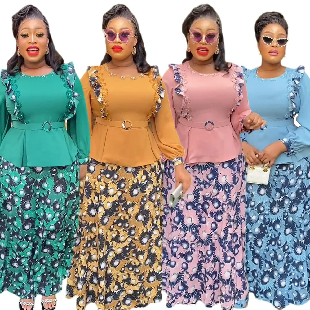 African Clothes for Women 2 PCS Sets Tops And Skirts Suits Dashiki Ankara Turkey Outfits Gown Plus Size Wedding Party Dresses