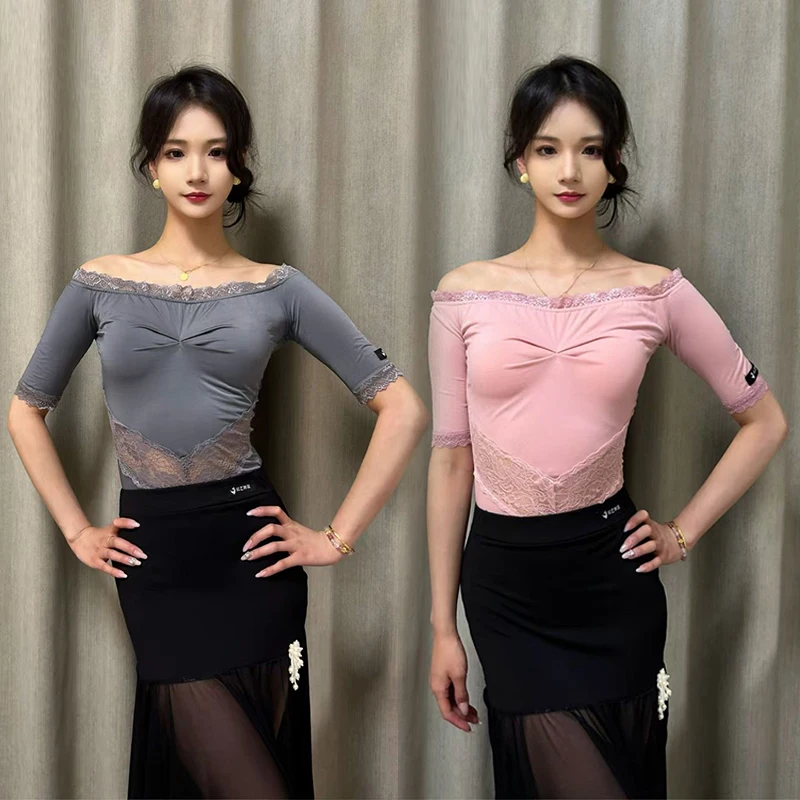 

Off Shoulder Ballroom Dance Bodysuit For Women Waltz Performance Costume Adult Dance Tops Stage Clothes Training Clothes VBH1645