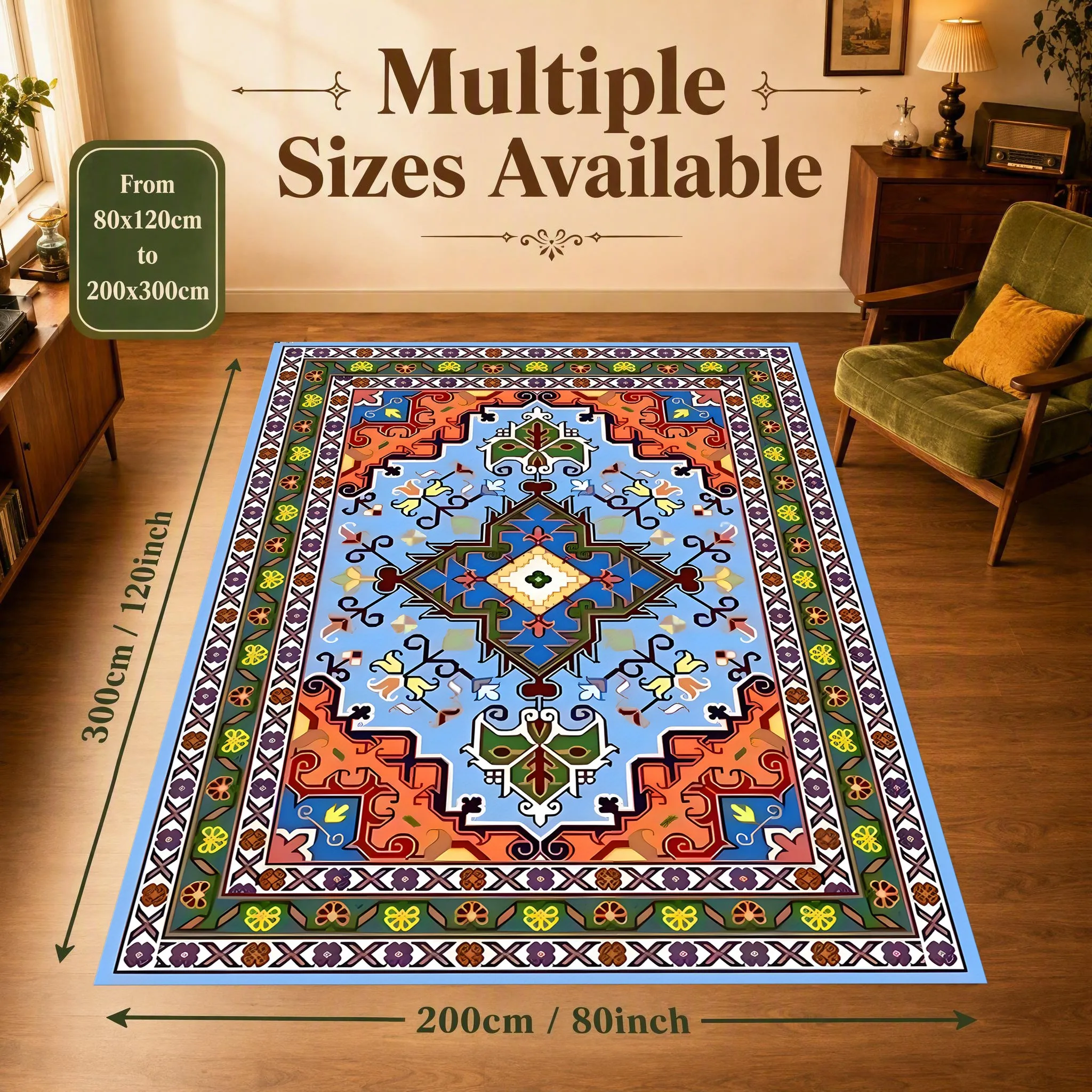 Retro Persian Ethnic Symmetrical Geometric Print Velvet Area Rug, Soft Texture for Living Room Bedroom Home Decor